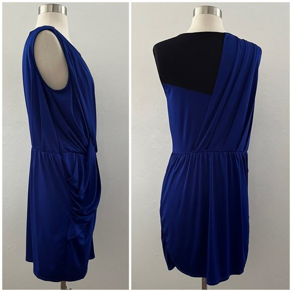 Rachel Roy Grecian Draped Mini Dress Sleeveless Mesh Colorblock Blue Black Small - Picture 2 of 11